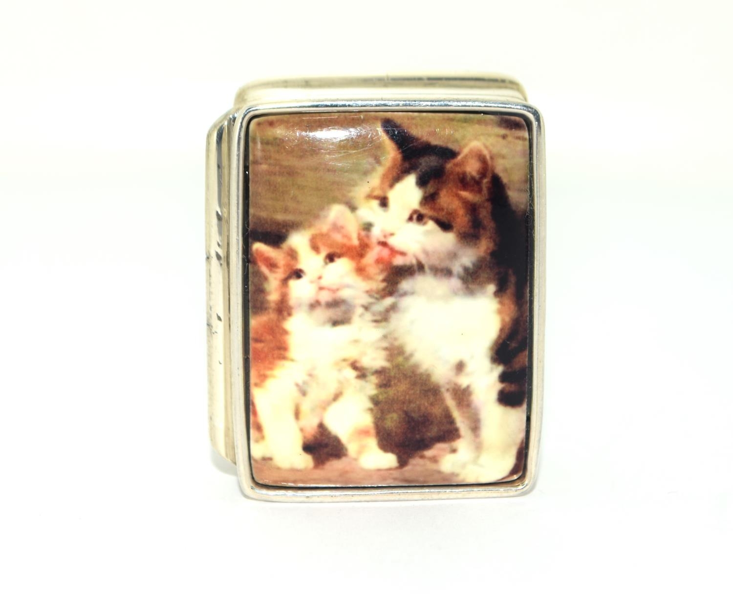 A silver lidded pill box with enamel panel depicting cats.