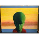 Michael John Moore: Local artist oil on board contemporary painting of a green alien 108x148cm.