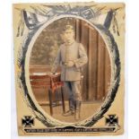 Rare WW1 German fallen soldier large card memorial with hand tinted photograph. O/all size 53cms x