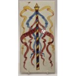 Pilkington's Tiles hand painted large tile depicting a Maypole (Trademark) c1910, 12" x 6" restored.