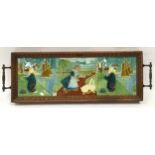 Alfred Meakin wooden edged tray with three tiles depicting Dutch scenes 21.75" x 7.5" c1903.