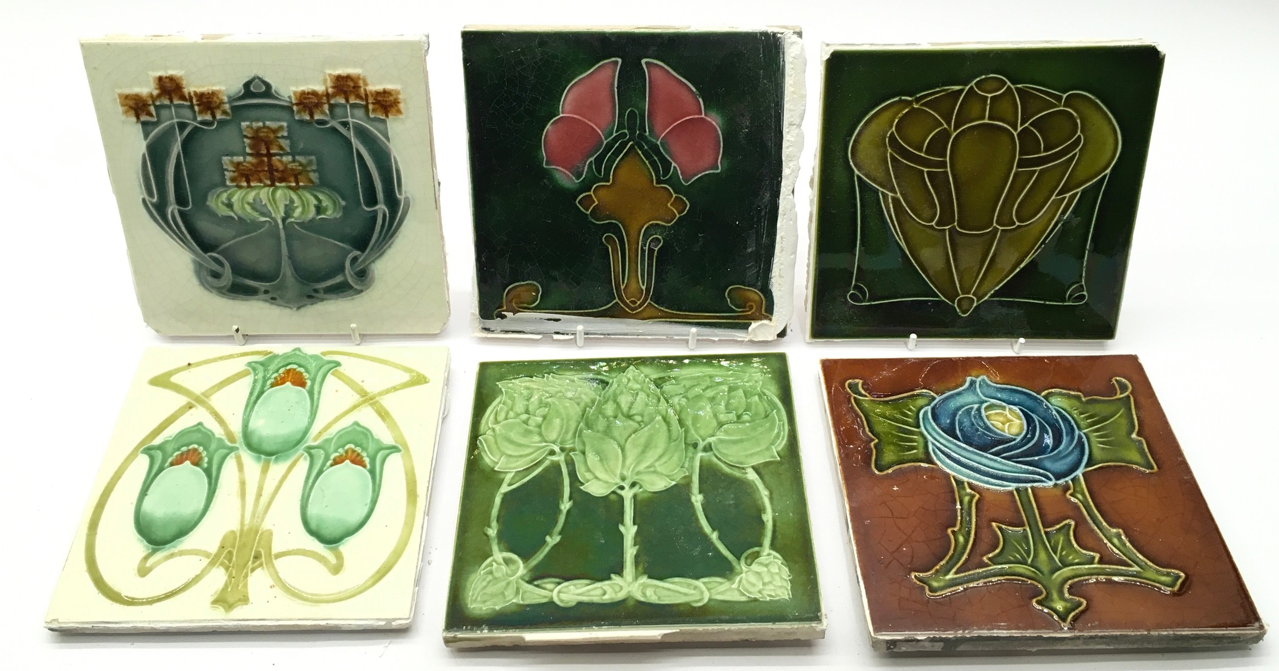Qty of Art Nouveau tiles various manufacturers each tile 6" x 6" (6)