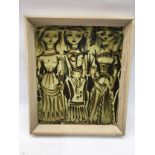 F G Cooper unusual framed large tile depicting three female figures c1930, 8.75" x 10.2"