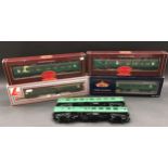 6 x OO gauge Green Coaches, various makes (4 boxed). Generally Excellent condition.