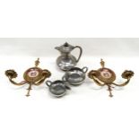 A pair of decorative brass wall sconces with Meissen Limoges pictoral plaques together with a