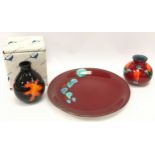 Poole Pottery boxed volcano bud vase together with living glaze bud vase and a plate (3).