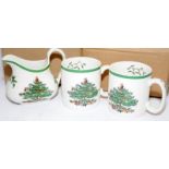 Spode Christmas Tree pattern pair of mugs c/w a 0.2lt cream/brandy pourer. As new boxed condition