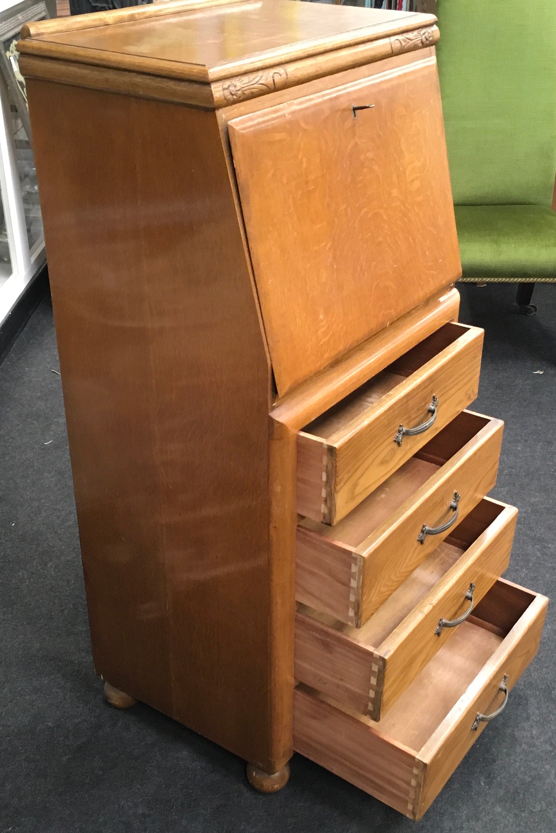 Art Deco oak veneer slim bureau by Joseph Serlin & Sons. With fitted interior over four drawers on - Image 4 of 7