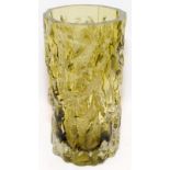 Whitefriars designed by Geoffrey Baxter Olive green art glass vase with tree bark effect tex