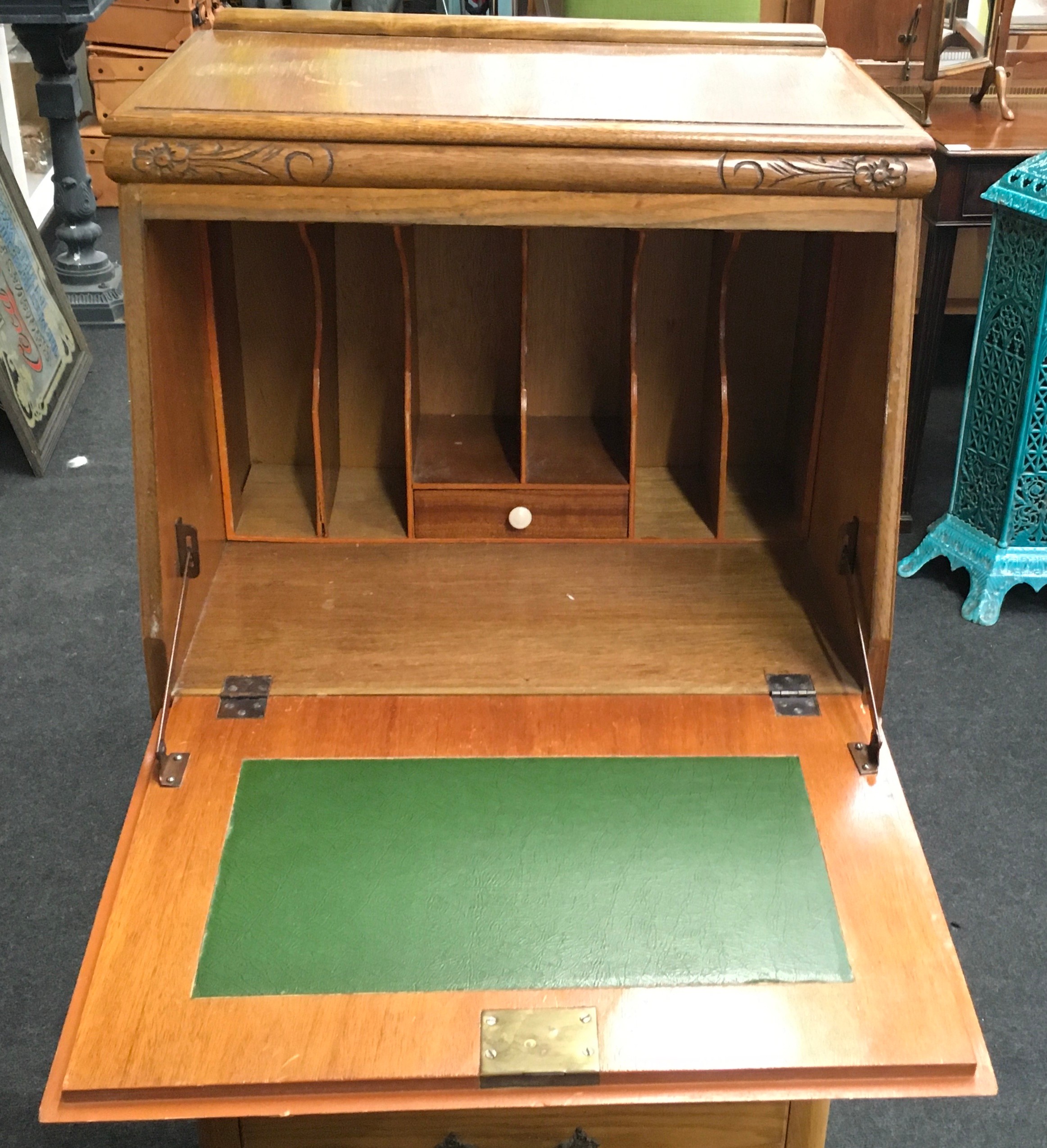Art Deco oak veneer slim bureau by Joseph Serlin & Sons. With fitted interior over four drawers on - Image 2 of 7
