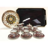 A Japanese Otagiri lacquered tray together with a set of 6 coffee cups and saucers, sugar bowl and
