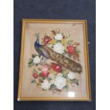 Antique embroidered peacock picture - framed and glazed 26x63cm.