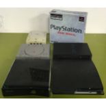 Box of mixed video game consoles to include boxed PlayStation 1 (WP).