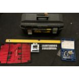Stanley FatMax tool box together with spirit level, socket sets, Shimano Cassette Sprocket, pipe
