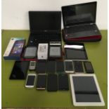 Box of miscellaneous electricals to include smartphones, tablets and laptops (WP).