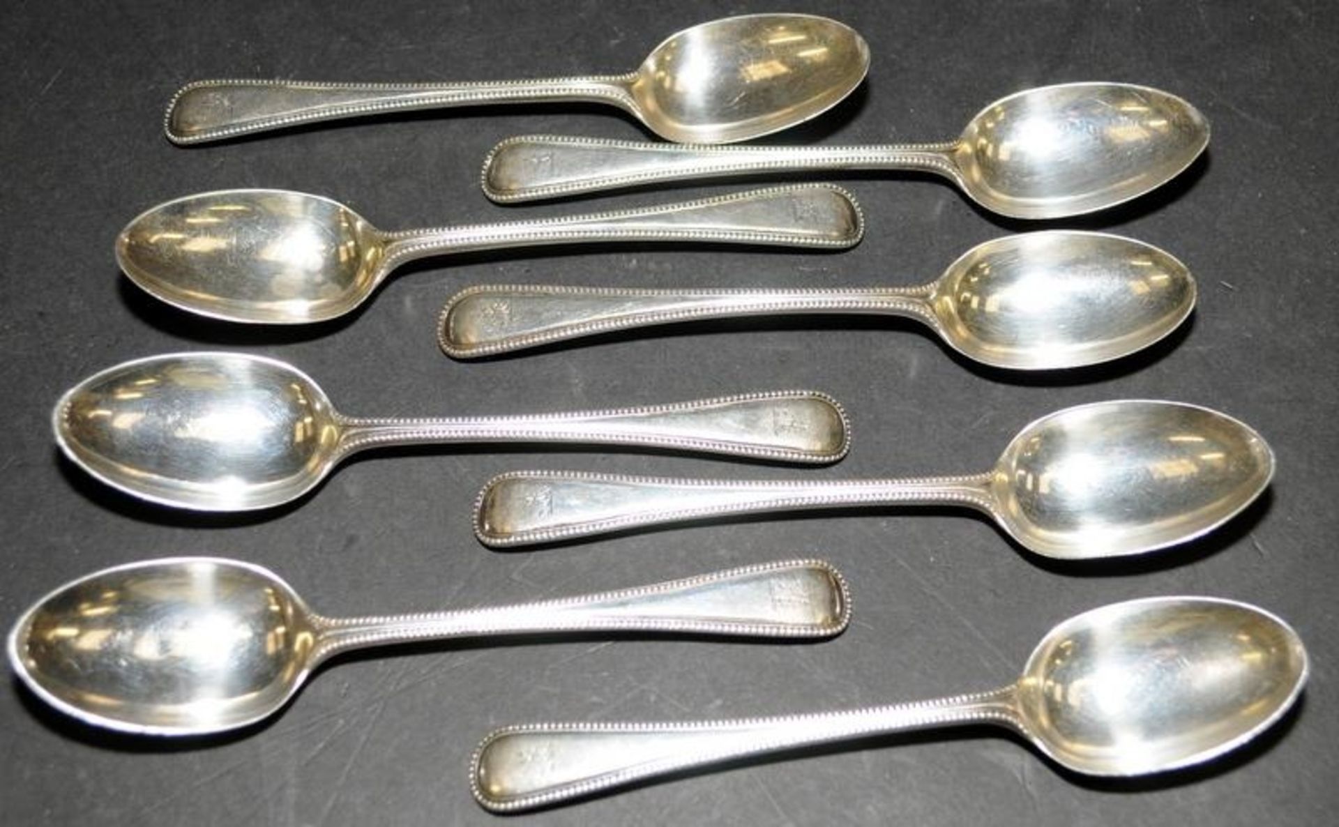 Set of eight antique sterling silver teaspoons hallmarked for London 1862. Total weight 231g