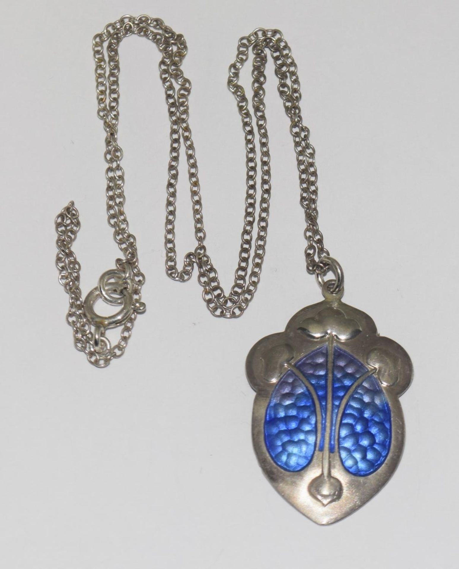 Abrahall & Bint Art Nouveau silver and enamel pendant on silver chain, Birmingham 1908. Boxed.