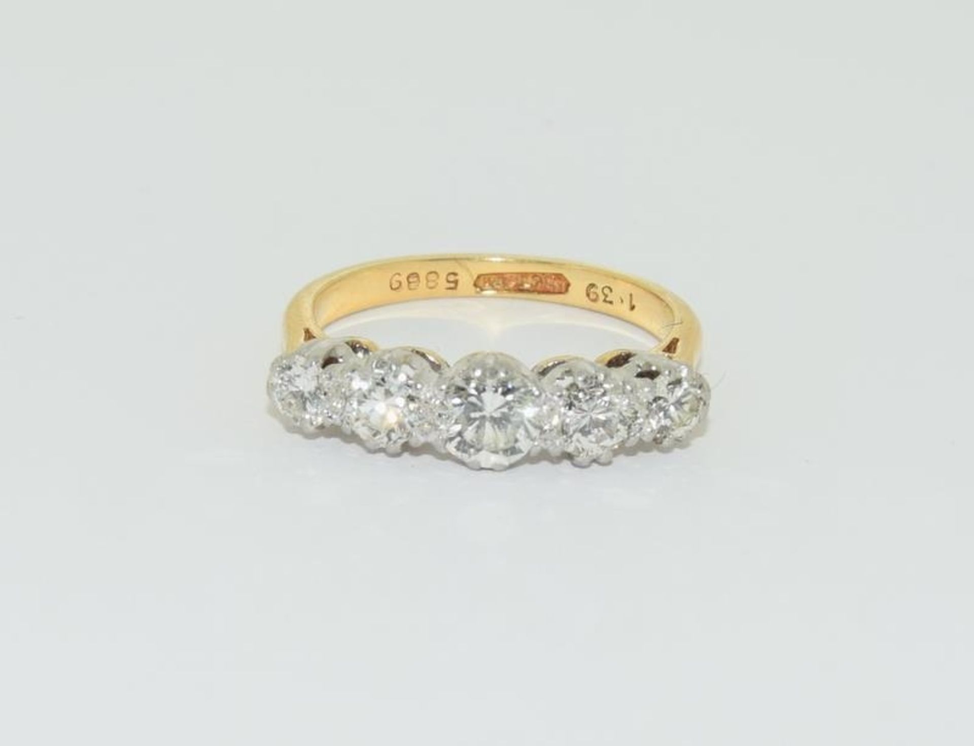 18ct gold and platinum 5 stone diamond ring hallmarked in ring as 1.39ct diamond value size N - Image 5 of 5