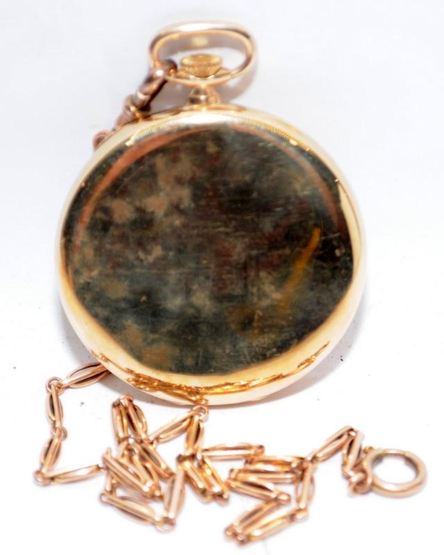 Vintage open face pocket watch in 9ct gold Denison case c/w 9ct gold chain. Chain length 34cms, - Image 3 of 4