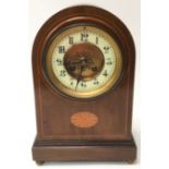 Edwardian mahogany mantle clock with Sheraton style decoration and Japy Freres movement