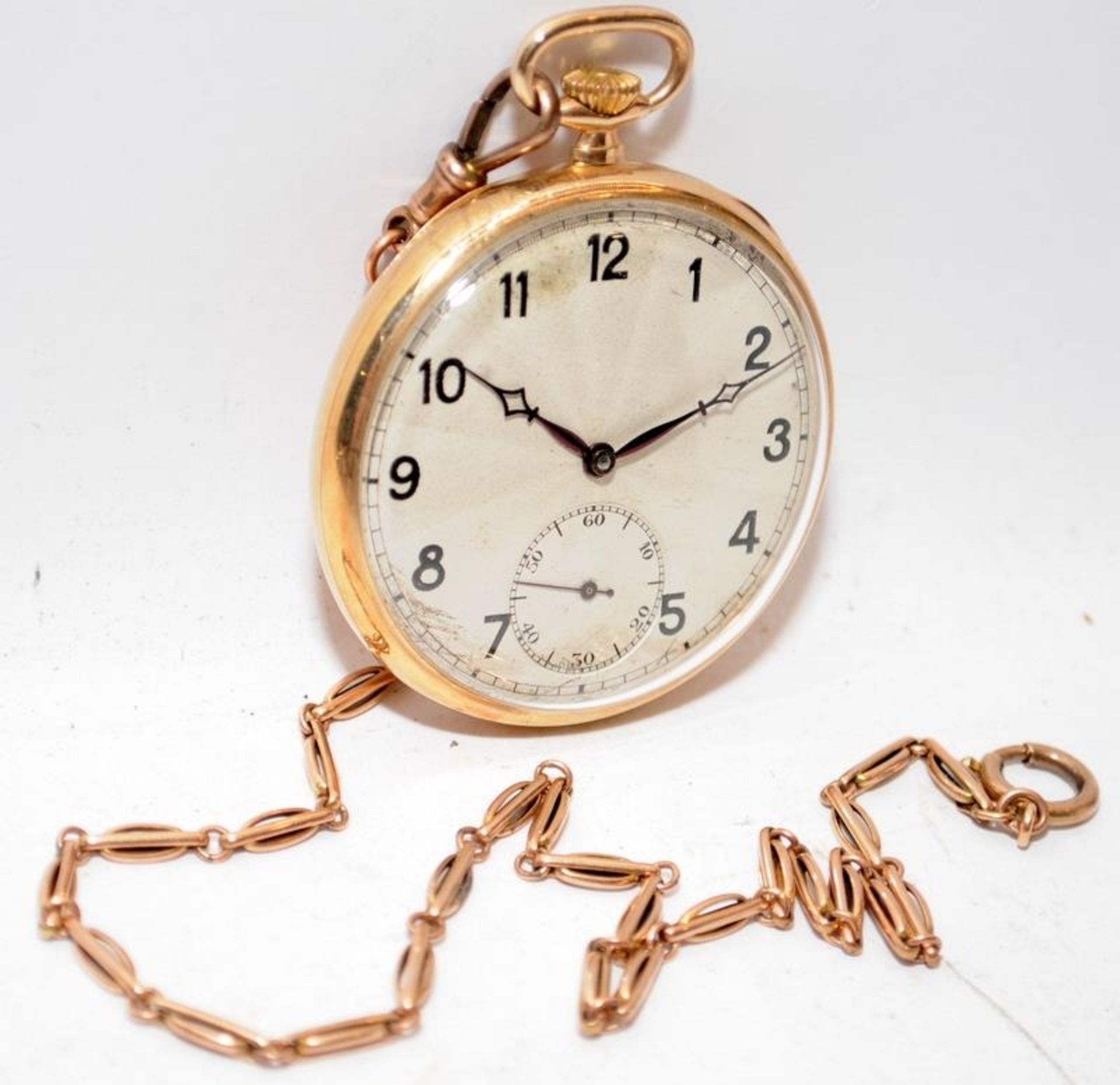 Vintage open face pocket watch in 9ct gold Denison case c/w 9ct gold chain. Chain length 34cms, - Image 2 of 4