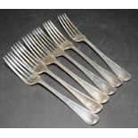 Set of six antique heavy gauge forks hallmarked for London 1862. Total weight 527g.