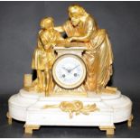 Antique gilded striking mantel clock upon a heavy Carrara marble base, Tableau features a Greek