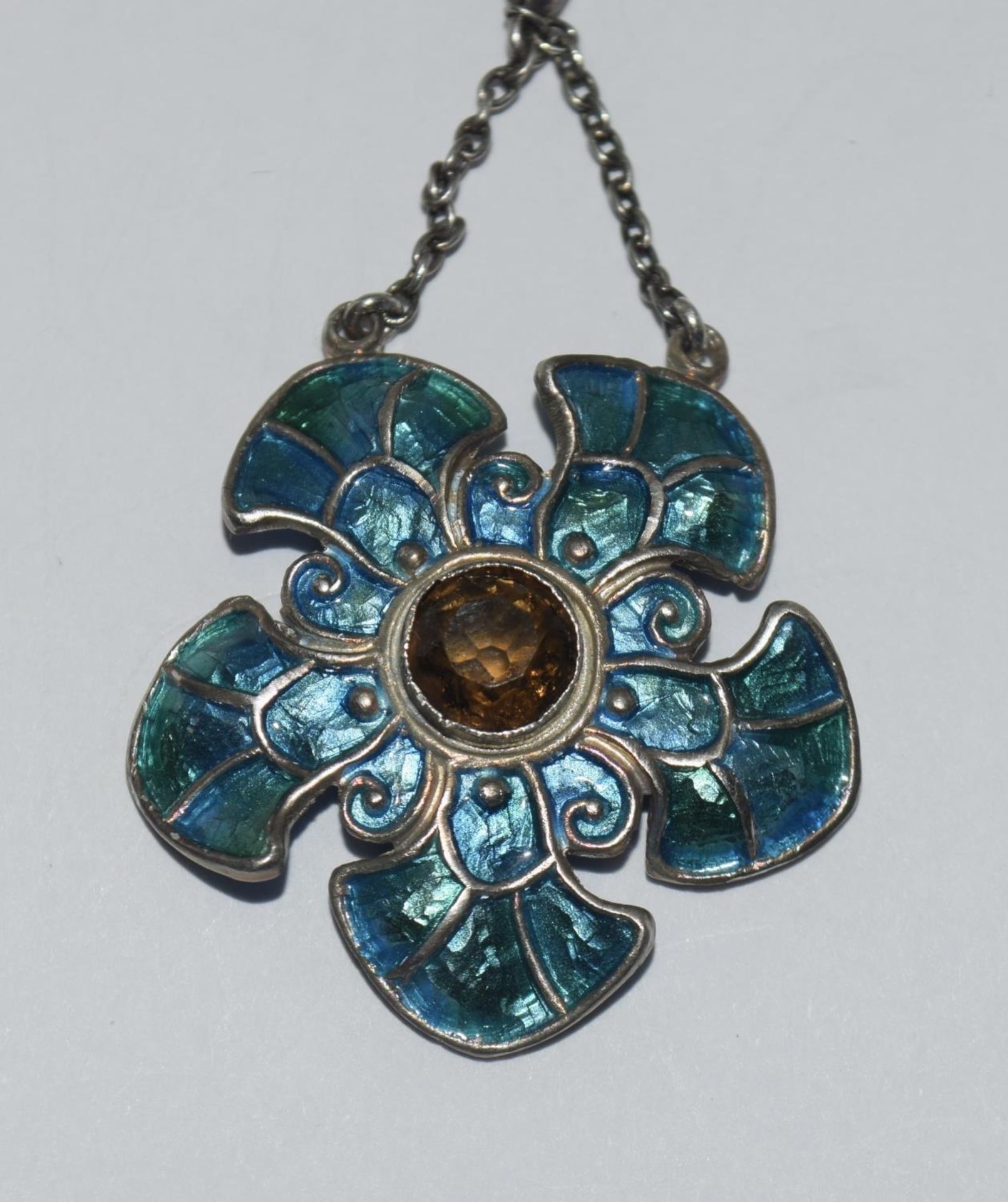 Art Nouveau Liberty style silver and enamel pendant with citrine on silver chain, boxed. - Image 6 of 6