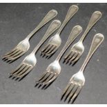 Set of six antique heavy gauge forks hallmarked for London 1862. Total weight 527g.