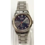 Ladies Citizen Eco-Drive wristwatch. Stainless steel 21mm case. Navy blue face.