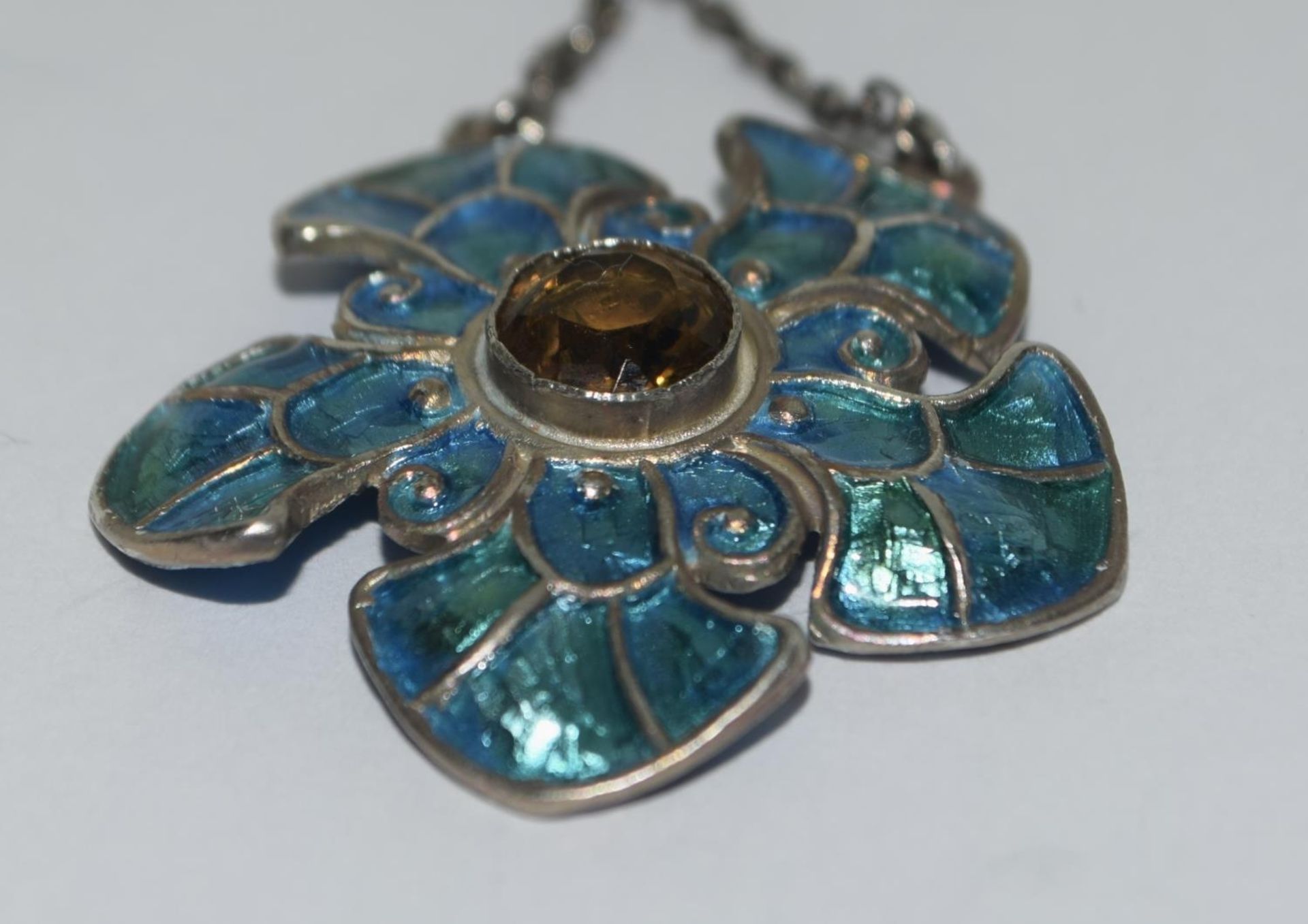 Art Nouveau Liberty style silver and enamel pendant with citrine on silver chain, boxed. - Image 2 of 6