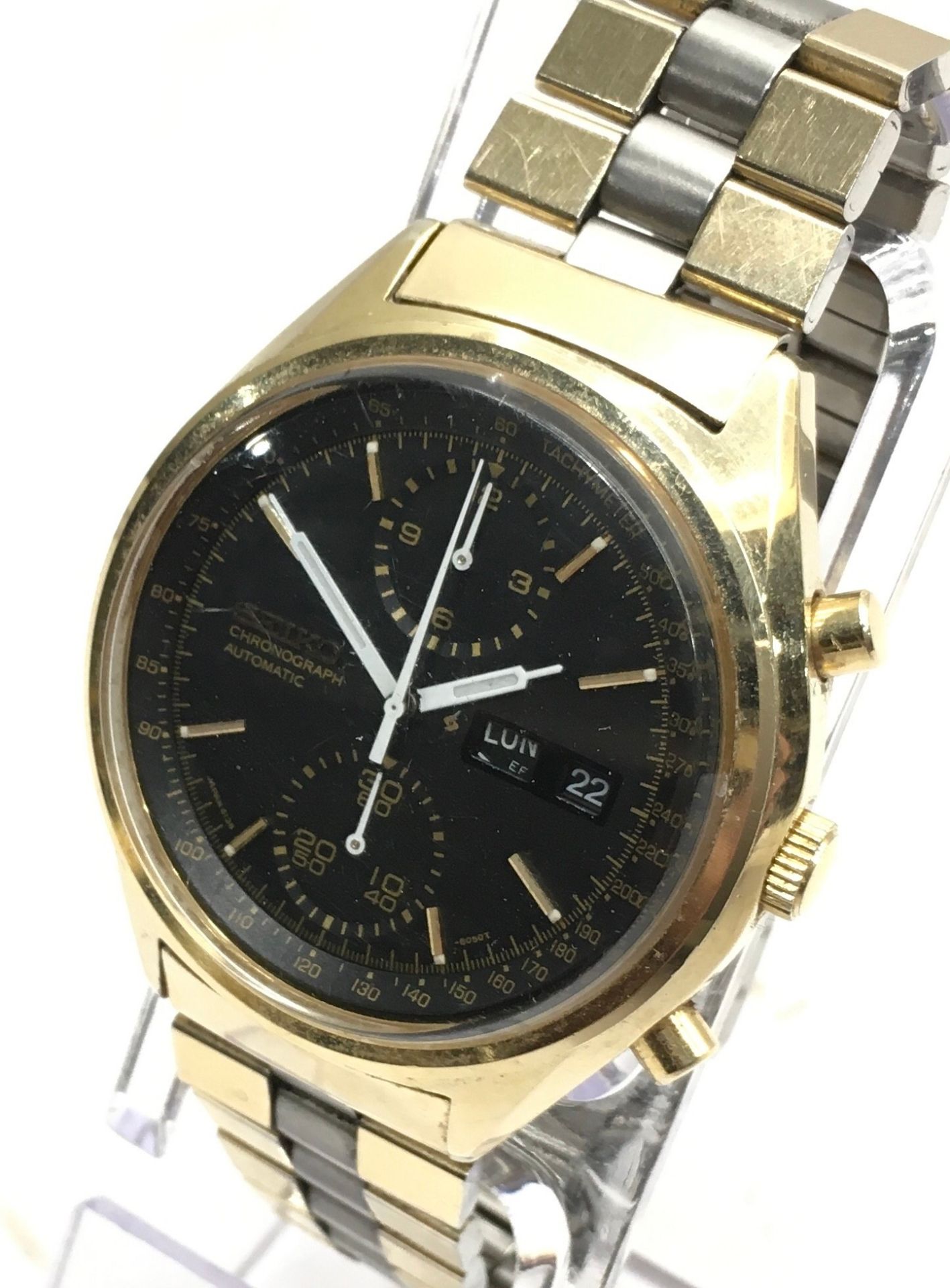 Vintage Seiko Panda automatic chronograph ref 6138-8020. This is an unusual black face example