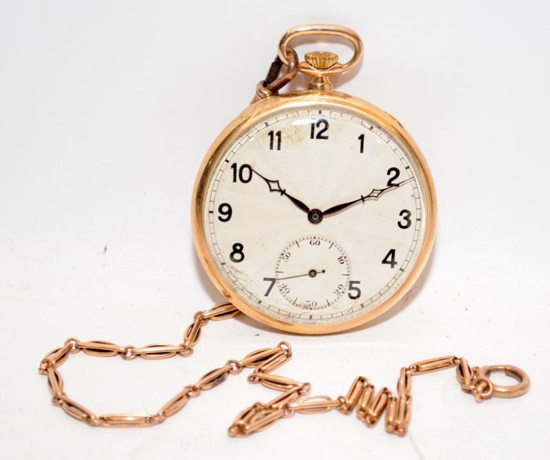 Vintage open face pocket watch in 9ct gold Denison case c/w 9ct gold chain. Chain length 34cms,