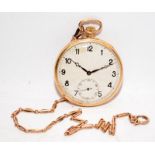 Vintage open face pocket watch in 9ct gold Denison case c/w 9ct gold chain. Chain length 34cms,