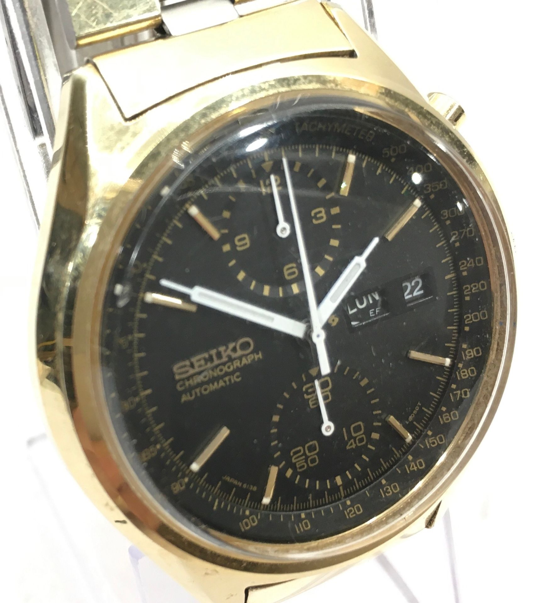 Vintage Seiko Panda automatic chronograph ref 6138-8020. This is an unusual black face example - Image 2 of 5