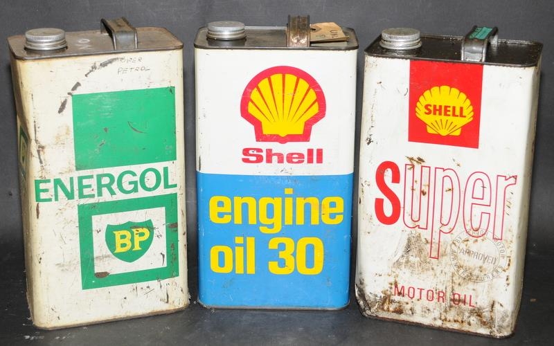 Collection of three vintage one gallon advertising oil cans to include BP Energol, Shell Engine