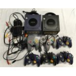 Nintendo GameCube consoles and controllers.