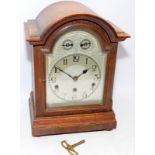 Vintage oak cased Keinzle mantel clock with fast/slow and chime/silent sub dials. 37cms tall, seen