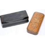 Two vintage snuff boxes to include a carved wood example with a sliding lid and another formed