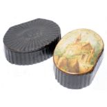 Two antique wooden snuff boxes, one with a church scene to the lid