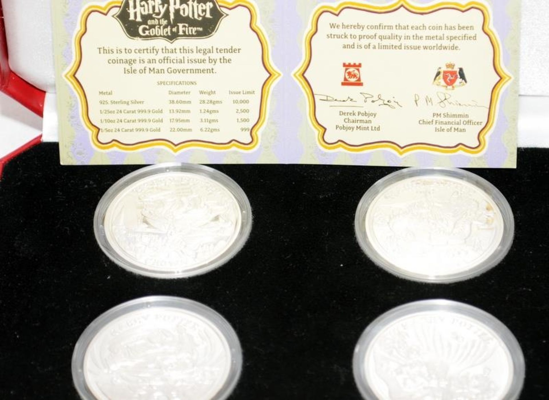 Pobjoy Mint sterling silver set of four 1oz coins commemorating Harry Potter and the Goblet of Fire.