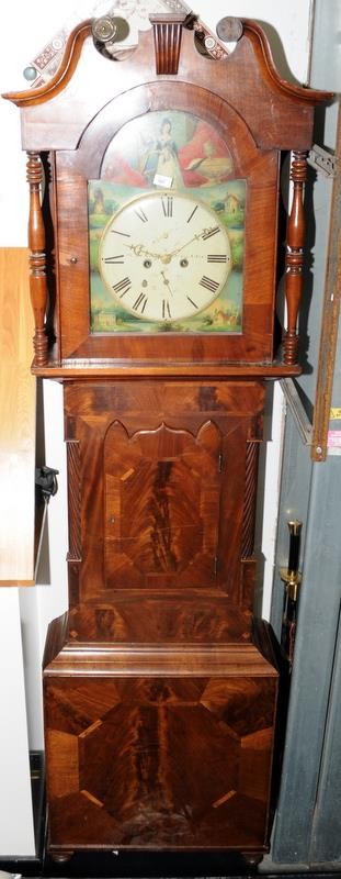 Superb quality antique long case striking clock with flame mahogany case, original hand blown