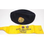 Post war Cold War Civil Defence Corps beret and arm band c/w a King's Crown ARP badge