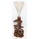 Black Forest carved Treen epergne modelled as a doe and calf by a tree with a cut glass flute 39cm
