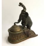 Bergman cold painted bronze elephant inkwell. Approx 17cms high, 15cms length, 12cms wide.