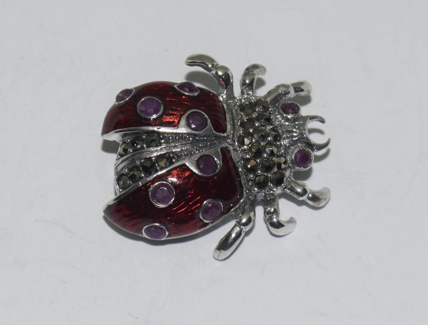 A silver enamel lady bird brooch set with ruby eyes.