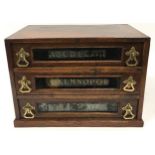 Victorian wooden 3 draw box with brass handles and glass panels, a printers box now containing 45