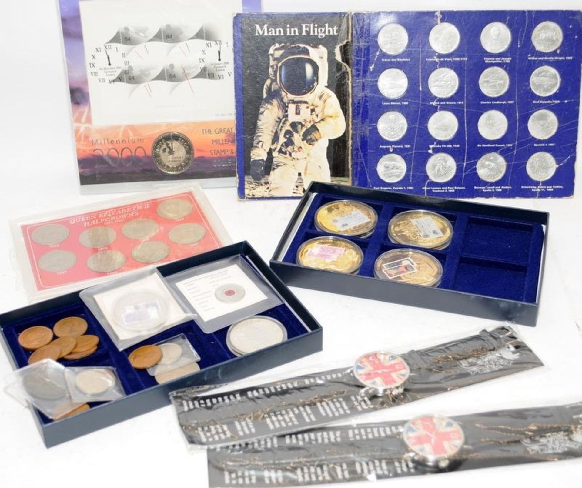 Collection of commemorative and other coins. Lot also includes two unused union jack watches