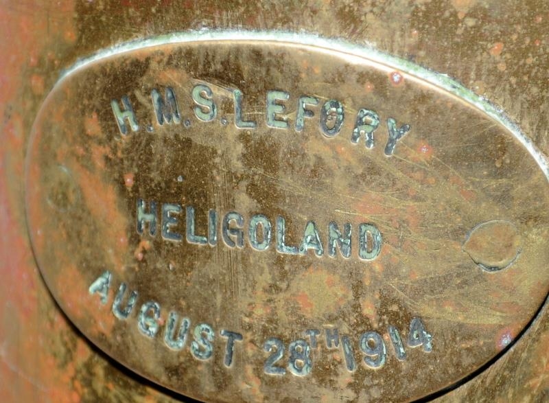 Large WW1 Naval shell case 1914 date stamp approx 53cms tall. Plaque on casing states HMS Lefory - - Image 2 of 3