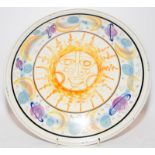 Poole Pottery unusual footed bowl painted by Sue Pottinger depicting Sun-god face 10.5" dia.